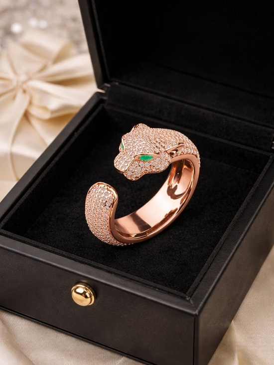 Anthropologie Jewelry - Vintage Rose Gold Panther Cuff Ring with Green Eyes - Women Jewelry